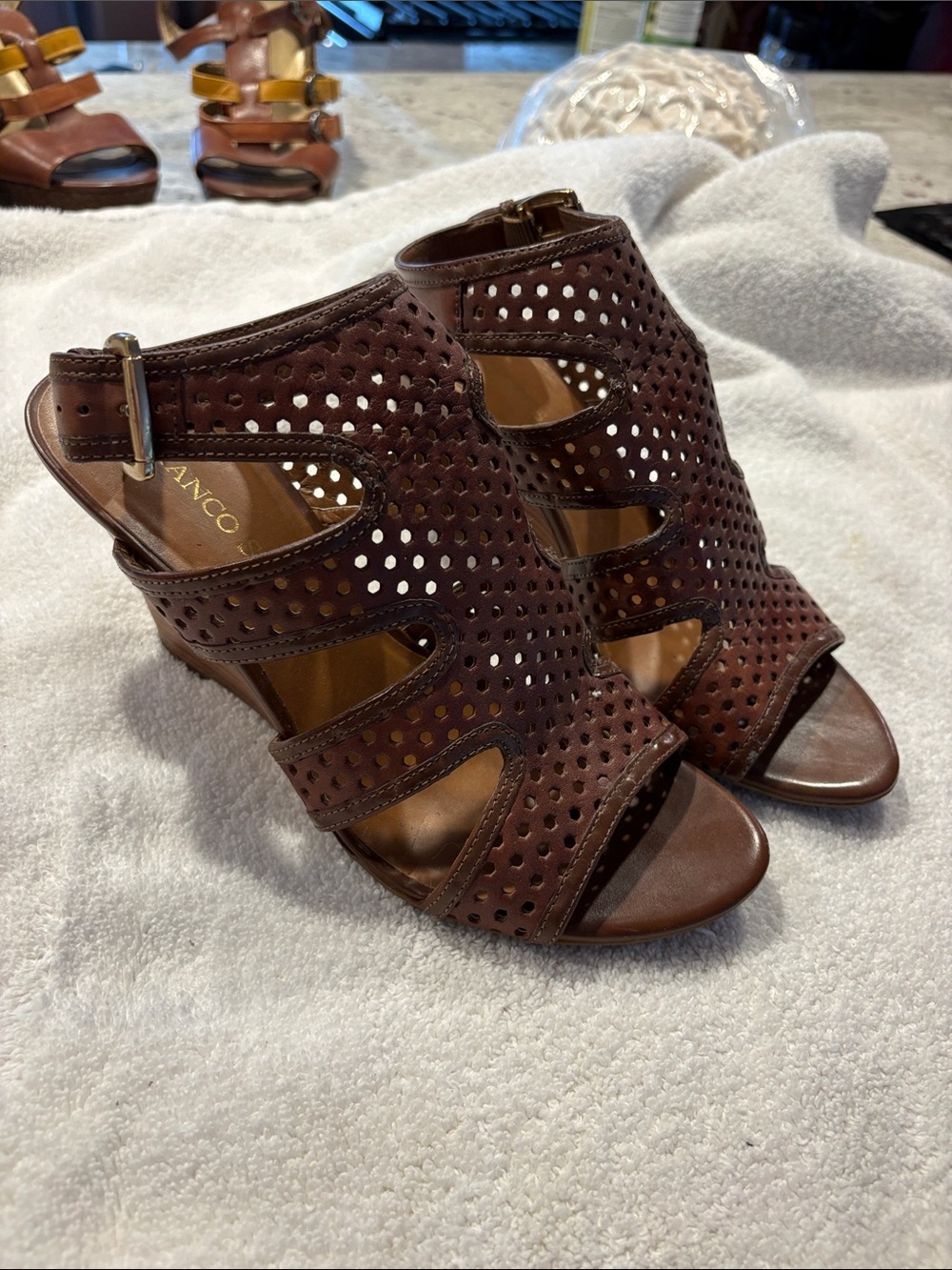 Franco Sarto Brown Perforated Cutout Peep-Toe Wedge Sandals